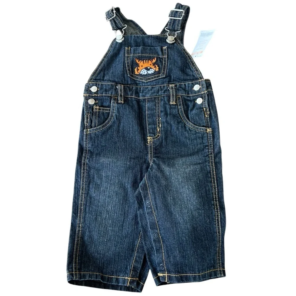 Y2K Gymboree Embroidered Tiger Overalls Dark Wash Denim 6-12 Mos NWT